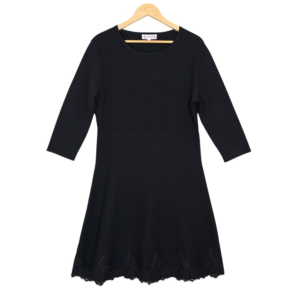 Nanette Lepore Women's Black Guipure Lace Trim Knit A-Line Large